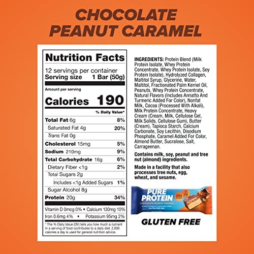 Pure Protein Schokolade Erdnuss Karamell Proteinriegel – 20g Protein, 3g Zucker, 190 Kalorien (12er Pack) Zuckerarm* High-Protein Snack – Glutenfrei – Perfekt für einen gesunden Snack