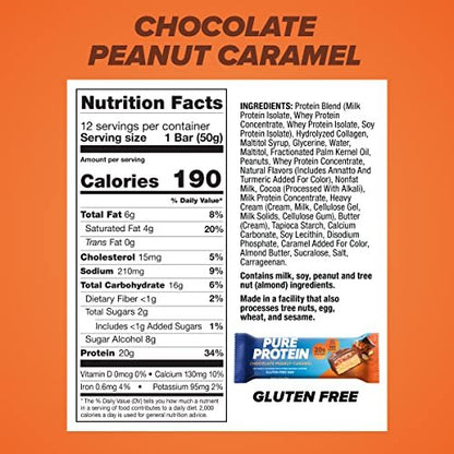 Pure Protein Schokolade Erdnuss Karamell Proteinriegel – 20g Protein, 3g Zucker, 190 Kalorien (12er Pack) Zuckerarm* High-Protein Snack – Glutenfrei – Perfekt für einen gesunden Snack