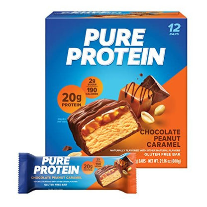 Pure Protein Schokolade Erdnuss Karamell Proteinriegel – 20g Protein, 3g Zucker, 190 Kalorien (12er Pack) Zuckerarm* High-Protein Snack – Glutenfrei – Perfekt für einen gesunden Snack