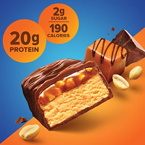Pure Protein Schokolade Erdnuss Karamell Proteinriegel – 20g Protein, 3g Zucker, 190 Kalorien (12er Pack) Zuckerarm* High-Protein Snack – Glutenfrei – Perfekt für einen gesunden Snack