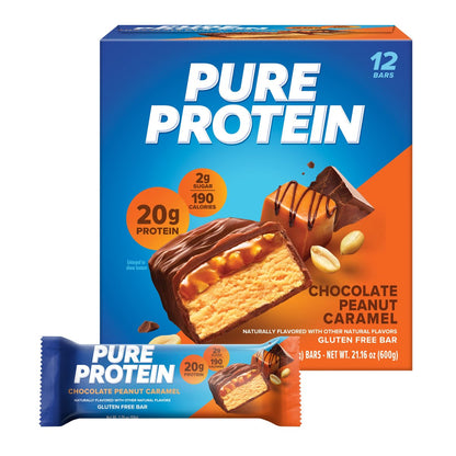 Pure Protein Schokolade Erdnuss Karamell Proteinriegel – 20g Protein, 3g Zucker, 190 Kalorien (12er Pack) Zuckerarm* High-Protein Snack – Glutenfrei – Perfekt für einen gesunden Snack
