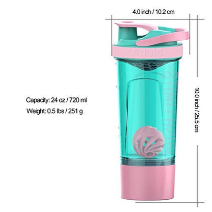 Artoid Mode Fitness Shaker-Becher 24 oz – Doppelmischtechnologie mit Shaker-Kugeln und Mischgittern, inkl. Twist & Lock Protein-Box – Motivierender Sport-Becher (Cream Pink/Aqua Green)