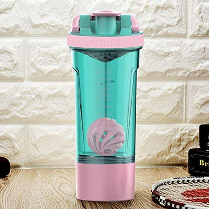 Artoid Mode Fitness Shaker-Becher 24 oz – Doppelmischtechnologie mit Shaker-Kugeln und Mischgittern, inkl. Twist & Lock Protein-Box – Motivierender Sport-Becher (Cream Pink/Aqua Green)
