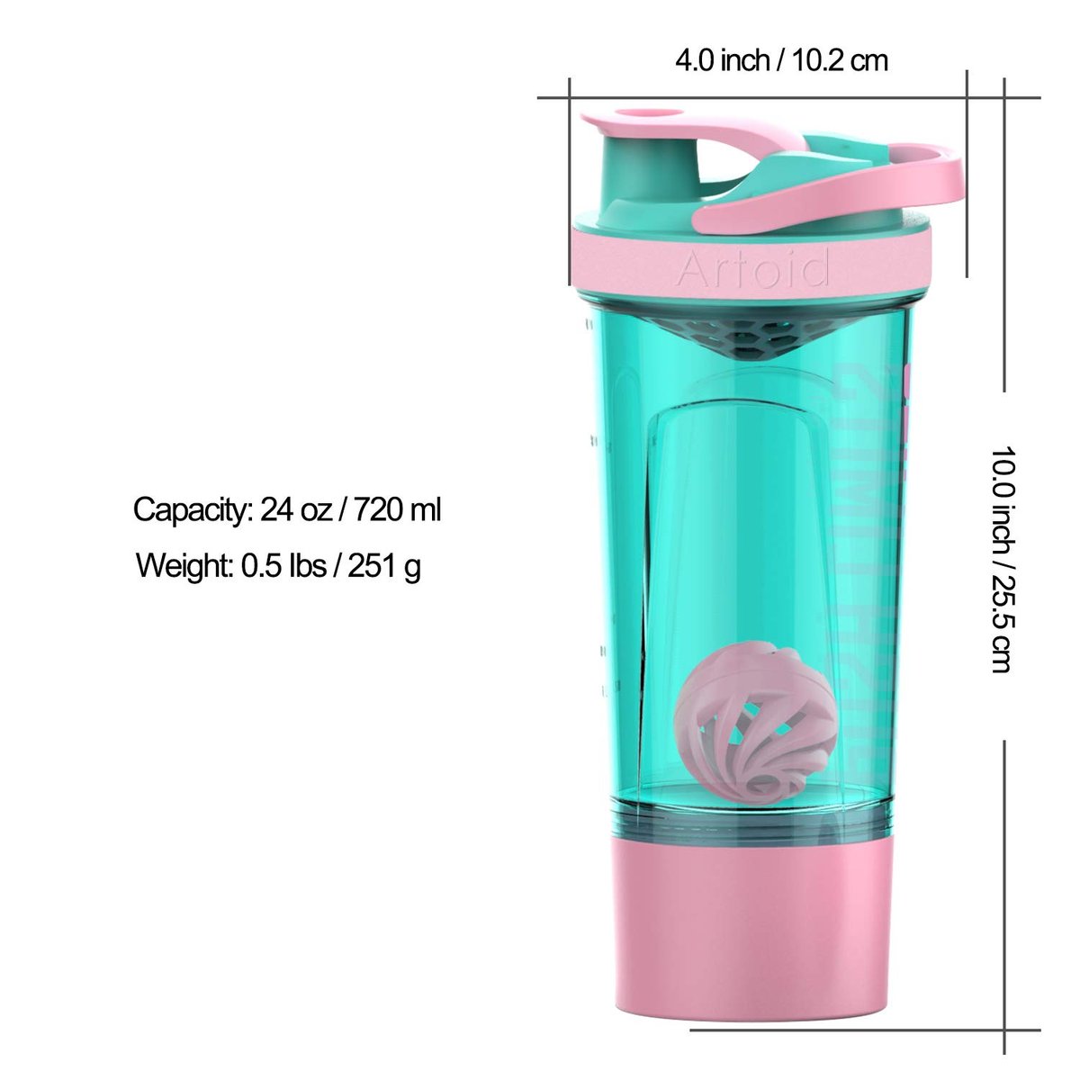 Artoid Mode Fitness Shaker-Becher 24 oz – Doppelmischtechnologie mit Shaker-Kugeln und Mischgittern, inkl. Twist & Lock Protein-Box – Motivierender Sport-Becher (Cream Pink/Aqua Green)
