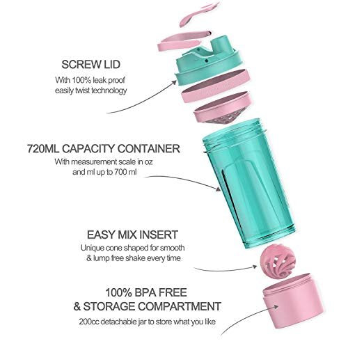 Artoid Mode Fitness Shaker-Becher 24 oz – Doppelmischtechnologie mit Shaker-Kugeln und Mischgittern, inkl. Twist & Lock Protein-Box – Motivierender Sport-Becher (Cream Pink/Aqua Green)
