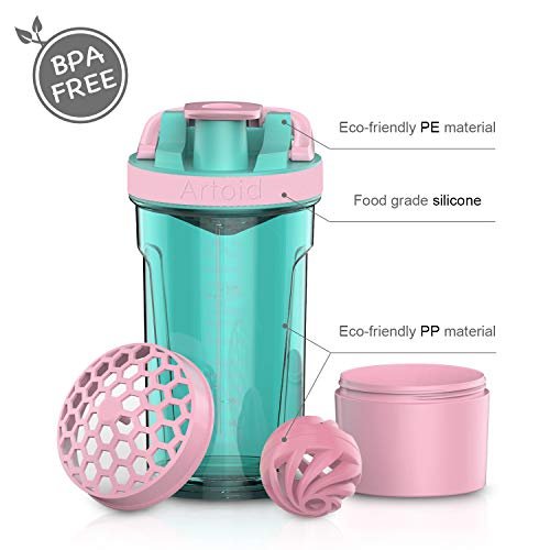 Artoid Mode Fitness Shaker-Becher 24 oz – Doppelmischtechnologie mit Shaker-Kugeln und Mischgittern, inkl. Twist & Lock Protein-Box – Motivierender Sport-Becher (Cream Pink/Aqua Green)