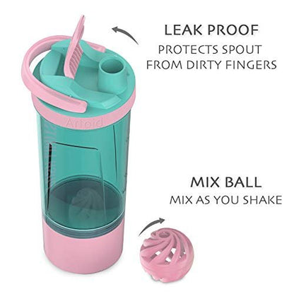 Artoid Mode Fitness Shaker-Becher 24 oz – Doppelmischtechnologie mit Shaker-Kugeln und Mischgittern, inkl. Twist & Lock Protein-Box – Motivierender Sport-Becher (Cream Pink/Aqua Green)