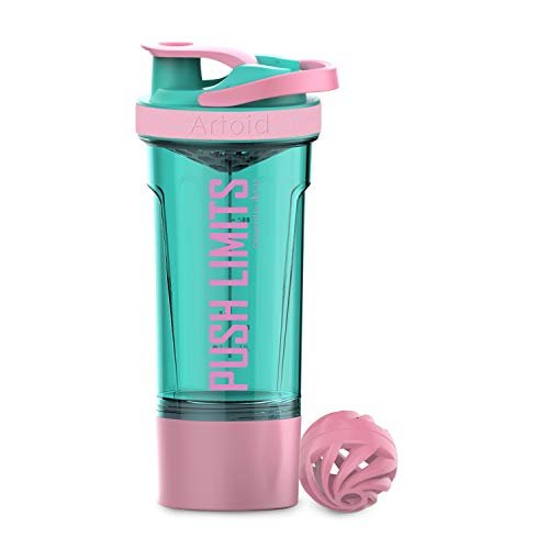 Artoid Mode Fitness Shaker-Becher 24 oz – Doppelmischtechnologie mit Shaker-Kugeln und Mischgittern, inkl. Twist & Lock Protein-Box – Motivierender Sport-Becher (Cream Pink/Aqua Green)