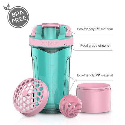 Artoid Mode Fitness Shaker-Becher 24 oz – Doppelmischtechnologie mit Shaker-Kugeln und Mischgittern, inkl. Twist & Lock Protein-Box – Motivierender Sport-Becher (Cream Pink/Aqua Green)