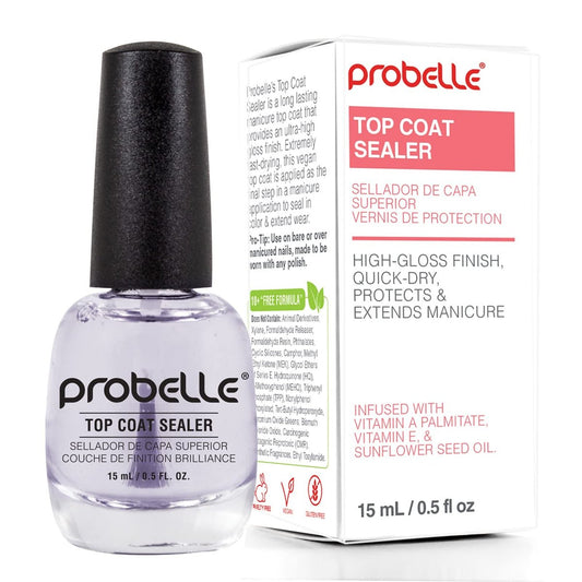 Probelle Top Coat Sealer – Schnelltrocknender Nagellack Überlack, Hochglänzendes Finish, Klarer Schutzlack für langanhaltende Maniküre, 15 ml
