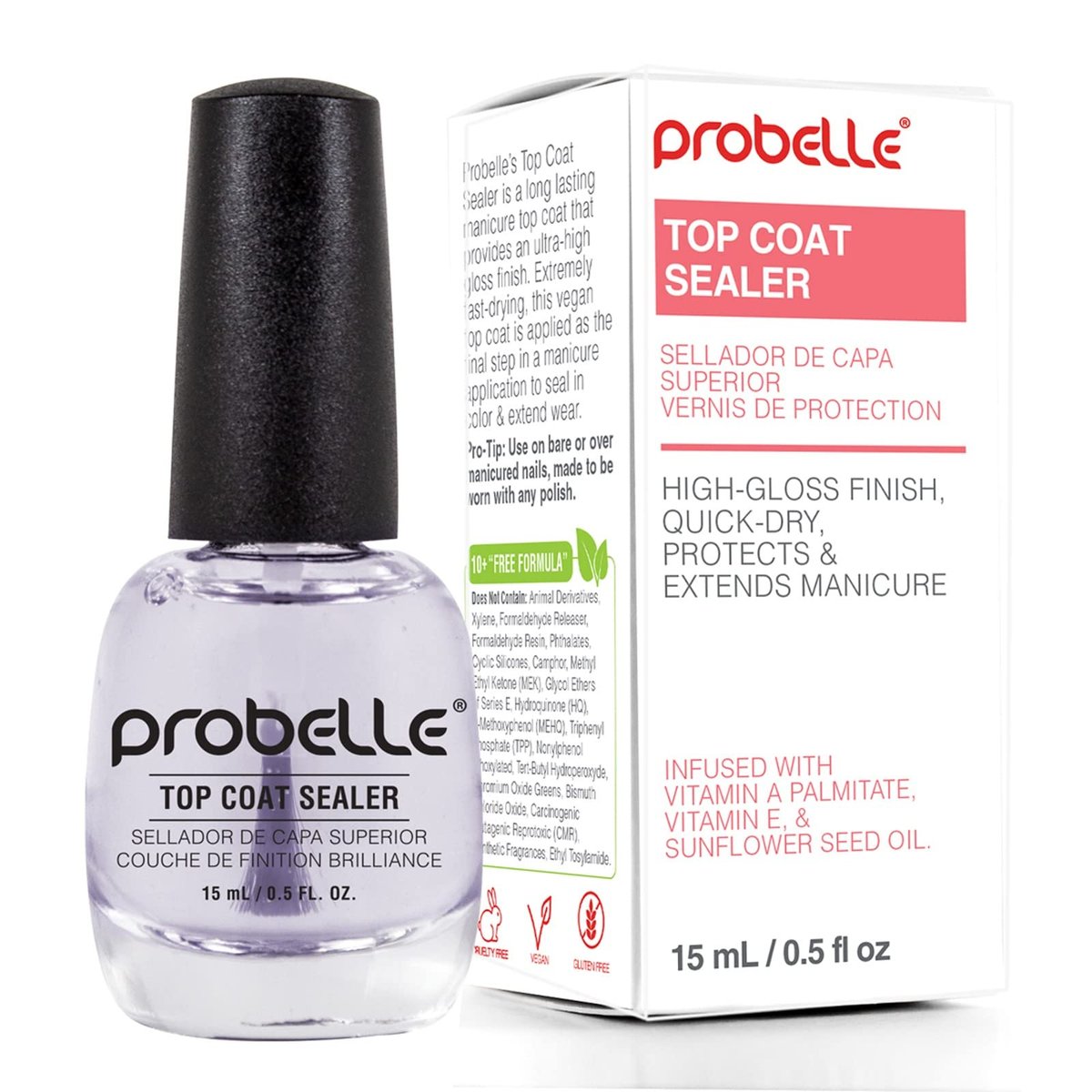 Probelle Top Coat Sealer – Schnelltrocknender Nagellack Überlack, Hochglänzendes Finish, Klarer Schutzlack für langanhaltende Maniküre, 15 ml