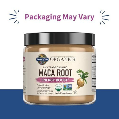 Garden of Life Organics Fair Trade Gelatinized Peruvian Maca Root Pulver – Energie-Booster, 225 g, mit Probiotika, zertifiziert bio, vegan & glutenfrei