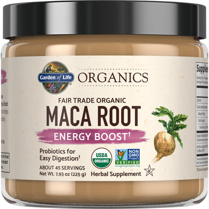 Garden of Life Organics Fair Trade Gelatinized Peruvian Maca Root Pulver – Energie-Booster, 225 g, mit Probiotika, zertifiziert bio, vegan & glutenfrei