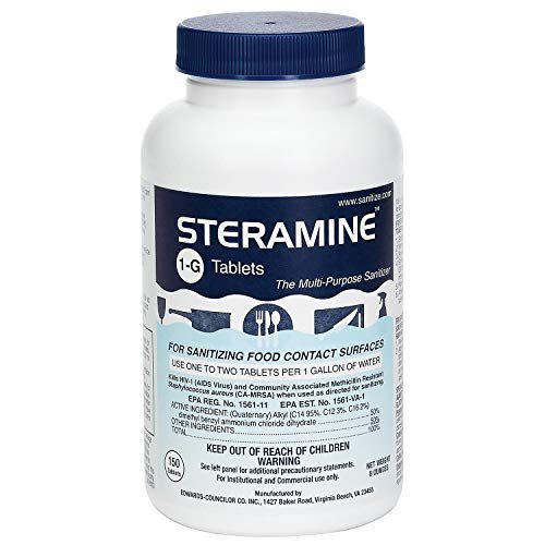 Steramine Desinfektionstabletten für Lebensmittelkontaktflächen, Modell 1-G, 150 Tabletten pro Flasche, Blau, 1 Flasche