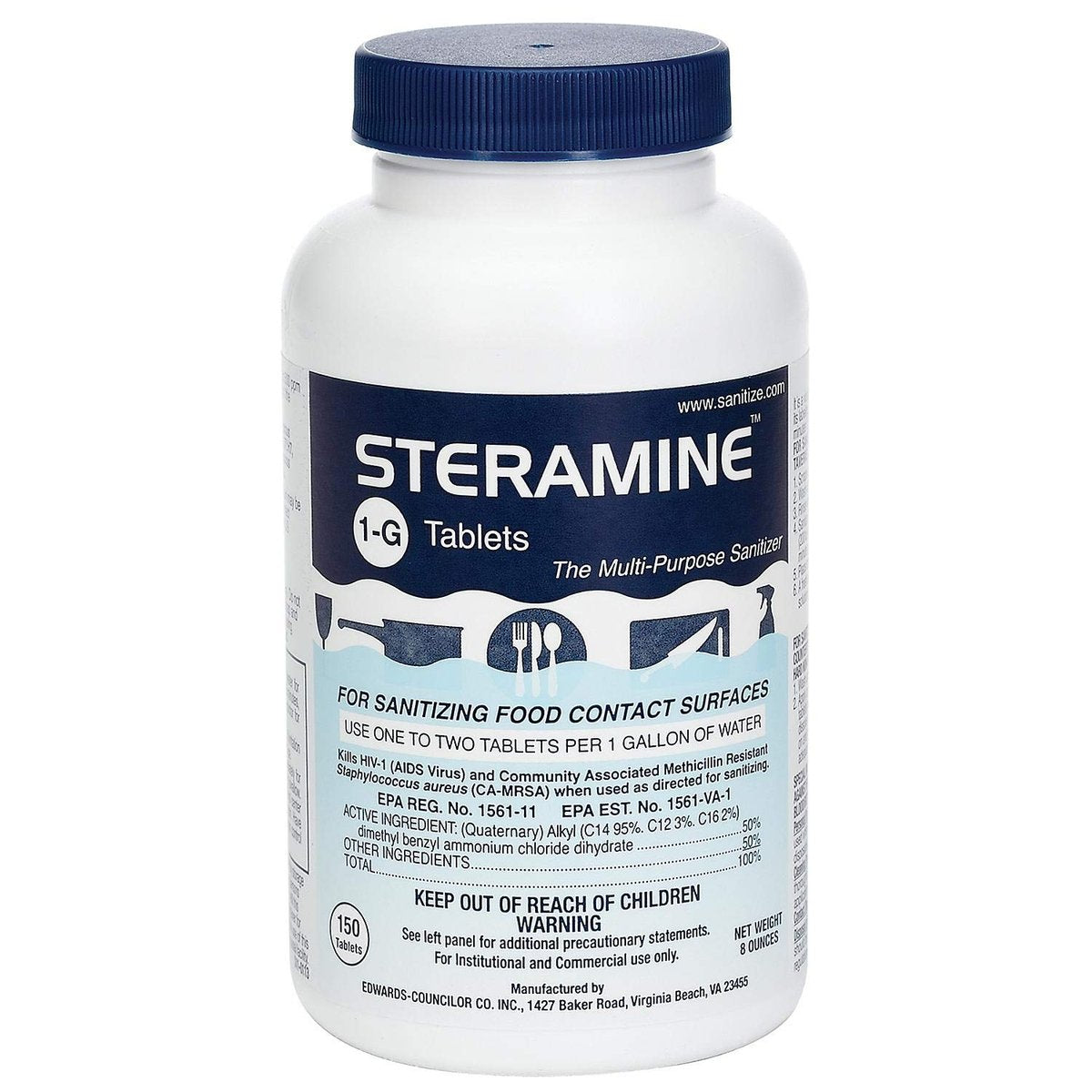 Steramine Desinfektionstabletten für Lebensmittelkontaktflächen, Modell 1-G, 150 Tabletten pro Flasche, Blau, 1 Flasche
