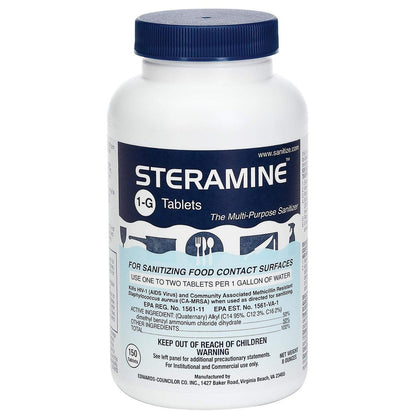 Steramine Desinfektionstabletten für Lebensmittelkontaktflächen, Modell 1-G, 150 Tabletten pro Flasche, Blau, 1 Flasche