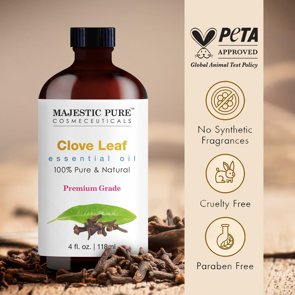 Majestic Pure Nelkenöl – 100% reines und natürliches ätherisches Öl mit Glaspipette, 118 ml