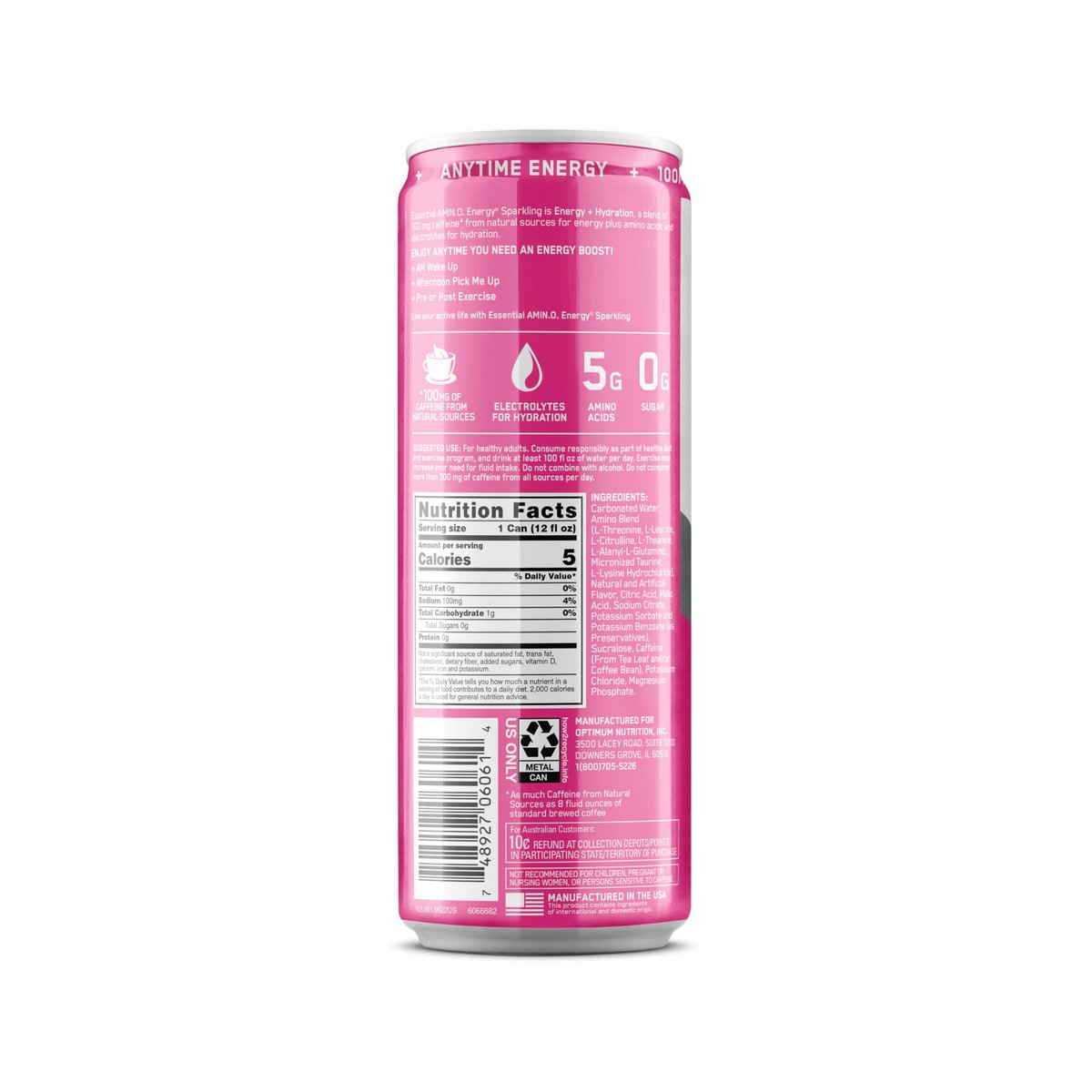 Optimum Nutrition Amino Energy Sparkling Hydration Drink, Elektrolyte, Koffein, Aminosäuren, BCAAs, Zuckerfrei, Wassermelone, 12 x 355 ml (12er-Pack)