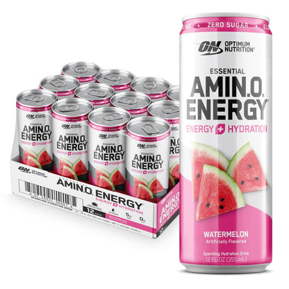 Optimum Nutrition Amino Energy Sparkling Hydration Drink, Elektrolyte, Koffein, Aminosäuren, BCAAs, Zuckerfrei, Wassermelone, 12 x 355 ml (12er-Pack)