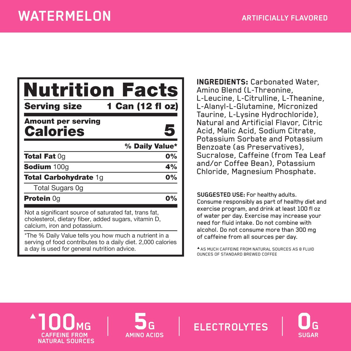 Optimum Nutrition Amino Energy Sparkling Hydration Drink, Elektrolyte, Koffein, Aminosäuren, BCAAs, Zuckerfrei, Wassermelone, 12 x 355 ml (12er-Pack)