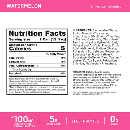 Optimum Nutrition Amino Energy Sparkling Hydration Drink, Elektrolyte, Koffein, Aminosäuren, BCAAs, Zuckerfrei, Wassermelone, 12 x 355 ml (12er-Pack)