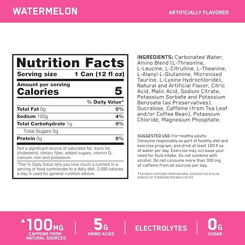 Optimum Nutrition Amino Energy Sparkling Hydration Drink, Elektrolyte, Koffein, Aminosäuren, BCAAs, Zuckerfrei, Wassermelone, 12 x 355 ml (12er-Pack)