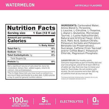 Optimum Nutrition Amino Energy Sparkling Hydration Drink, Elektrolyte, Koffein, Aminosäuren, BCAAs, Zuckerfrei, Wassermelone, 12 x 355 ml (12er-Pack)