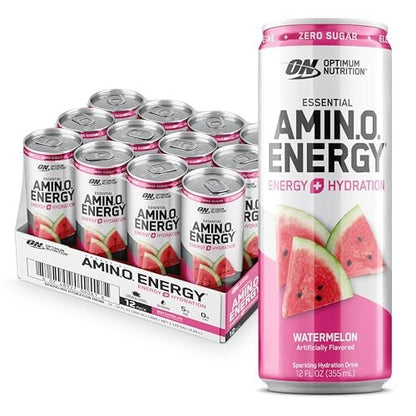 Optimum Nutrition Amino Energy Sparkling Hydration Drink, Elektrolyte, Koffein, Aminosäuren, BCAAs, Zuckerfrei, Wassermelone, 12 x 355 ml (12er-Pack)