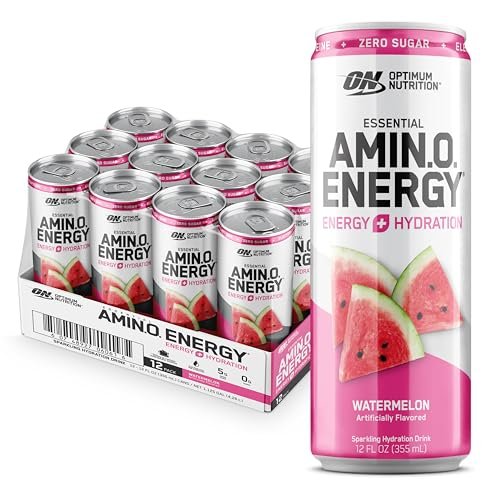 Optimum Nutrition Amino Energy Sparkling Hydration Drink, Elektrolyte, Koffein, Aminosäuren, BCAAs, Zuckerfrei, Wassermelone, 12 x 355 ml (12er-Pack)