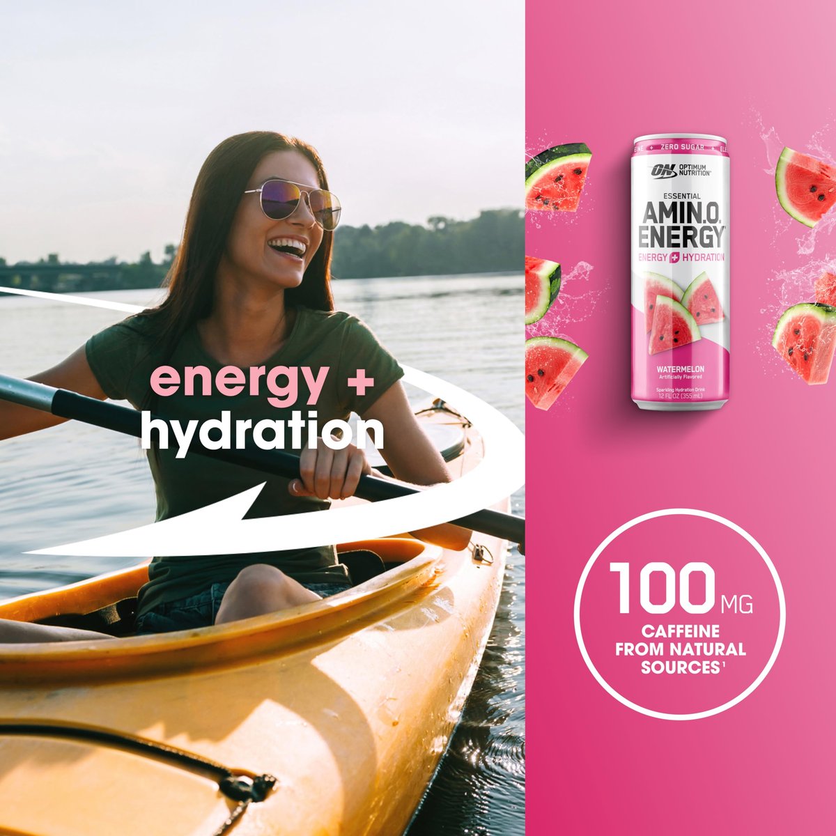 Optimum Nutrition Amino Energy Sparkling Hydration Drink, Elektrolyte, Koffein, Aminosäuren, BCAAs, Zuckerfrei, Wassermelone, 12 x 355 ml (12er-Pack)