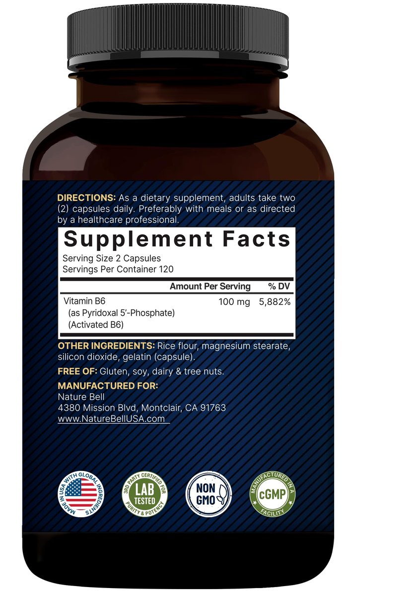 NatureBell P5P Vitamin B6 100 mg pro Portion, 240 Kapseln | Aktiviertes Pyridoxal-5-Phosphat – Essentielle B-Vitamine für Gehirn- und Gedächtnisgesundheit – Nicht-GMO