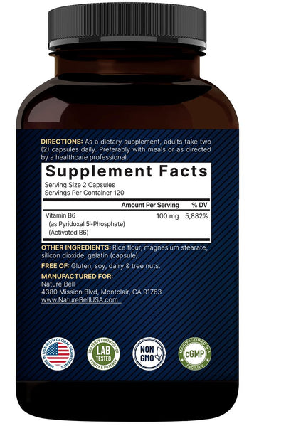 NatureBell P5P Vitamin B6 100 mg pro Portion, 240 Kapseln | Aktiviertes Pyridoxal-5-Phosphat – Essentielle B-Vitamine für Gehirn- und Gedächtnisgesundheit – Nicht-GMO