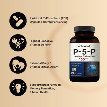 NatureBell P5P Vitamin B6 100 mg pro Portion, 240 Kapseln | Aktiviertes Pyridoxal-5-Phosphat – Essentielle B-Vitamine für Gehirn- und Gedächtnisgesundheit – Nicht-GMO