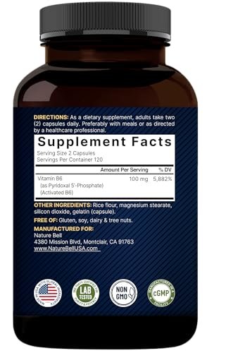 NatureBell P5P Vitamin B6 100 mg pro Portion, 240 Kapseln | Aktiviertes Pyridoxal-5-Phosphat – Essentielle B-Vitamine für Gehirn- und Gedächtnisgesundheit – Nicht-GMO