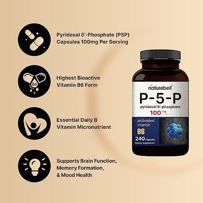 NatureBell P5P Vitamin B6 100 mg pro Portion, 240 Kapseln | Aktiviertes Pyridoxal-5-Phosphat – Essentielle B-Vitamine für Gehirn- und Gedächtnisgesundheit – Nicht-GMO
