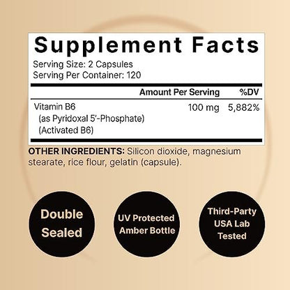 NatureBell P5P Vitamin B6 100 mg pro Portion, 240 Kapseln | Aktiviertes Pyridoxal-5-Phosphat – Essentielle B-Vitamine für Gehirn- und Gedächtnisgesundheit – Nicht-GMO