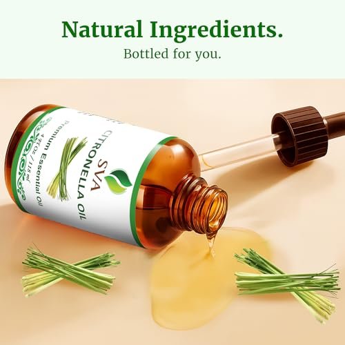 SVA Citronella Bio-Öl – 118 ml – 100% natürliches Citronellaöl – für Diffuser, Haarpflege, Gesicht, Hautpflege, Aromatherapie, Kopfhaut- und Körpermassage, Seifen- und Kerzenherstellung – mit Pipette