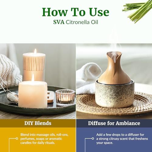 SVA Citronella Bio-Öl – 118 ml – 100% natürliches Citronellaöl – für Diffuser, Haarpflege, Gesicht, Hautpflege, Aromatherapie, Kopfhaut- und Körpermassage, Seifen- und Kerzenherstellung – mit Pipette
