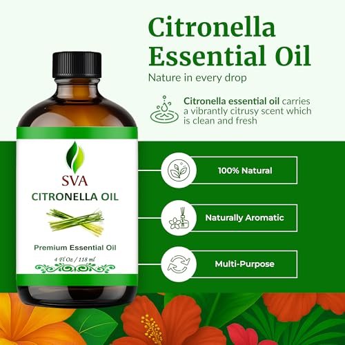 SVA Citronella Bio-Öl – 118 ml – 100% natürliches Citronellaöl – für Diffuser, Haarpflege, Gesicht, Hautpflege, Aromatherapie, Kopfhaut- und Körpermassage, Seifen- und Kerzenherstellung – mit Pipette