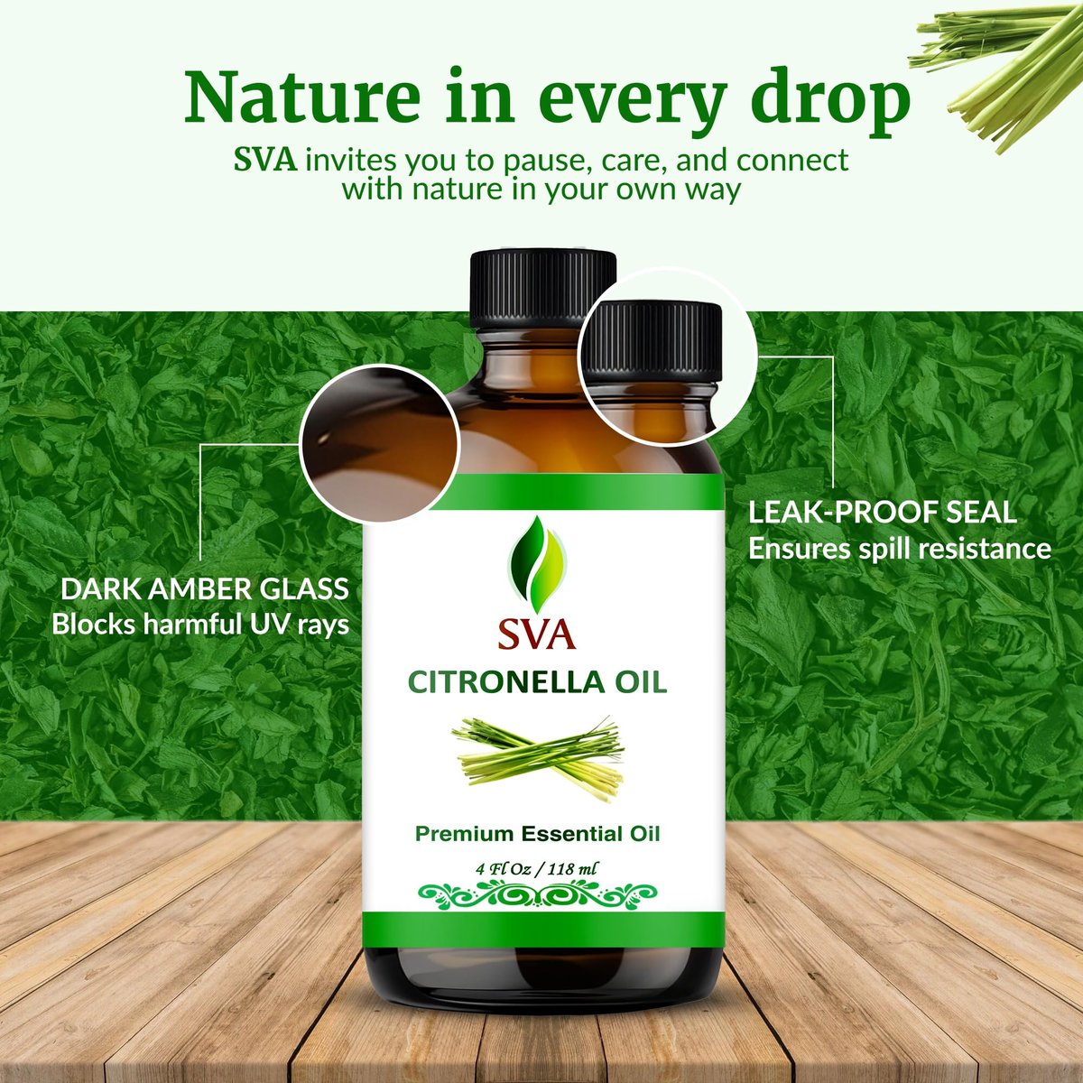 SVA Citronella Bio-Öl – 118 ml – 100% natürliches Citronellaöl – für Diffuser, Haarpflege, Gesicht, Hautpflege, Aromatherapie, Kopfhaut- und Körpermassage, Seifen- und Kerzenherstellung – mit Pipette