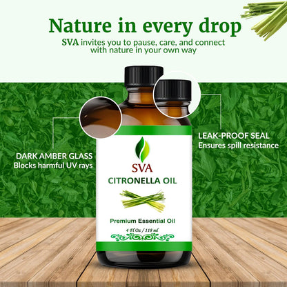 SVA Citronella Bio-Öl – 118 ml – 100% natürliches Citronellaöl – für Diffuser, Haarpflege, Gesicht, Hautpflege, Aromatherapie, Kopfhaut- und Körpermassage, Seifen- und Kerzenherstellung – mit Pipette