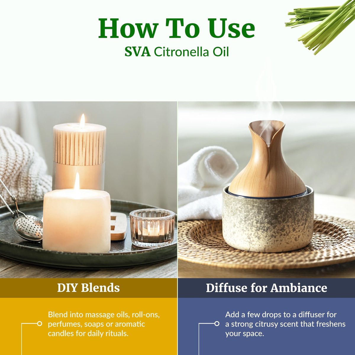SVA Citronella Bio-Öl – 118 ml – 100% natürliches Citronellaöl – für Diffuser, Haarpflege, Gesicht, Hautpflege, Aromatherapie, Kopfhaut- und Körpermassage, Seifen- und Kerzenherstellung – mit Pipette