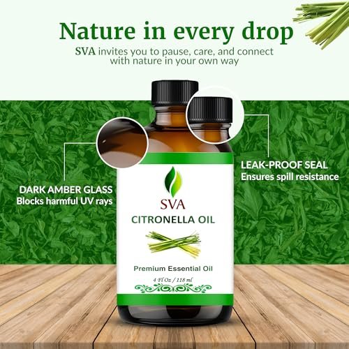 SVA Citronella Bio-Öl – 118 ml – 100% natürliches Citronellaöl – für Diffuser, Haarpflege, Gesicht, Hautpflege, Aromatherapie, Kopfhaut- und Körpermassage, Seifen- und Kerzenherstellung – mit Pipette