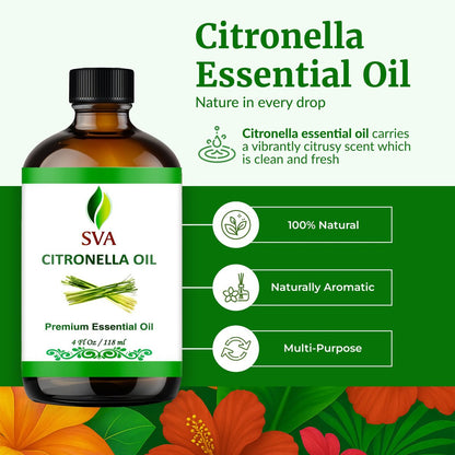 SVA Citronella Bio-Öl – 118 ml – 100% natürliches Citronellaöl – für Diffuser, Haarpflege, Gesicht, Hautpflege, Aromatherapie, Kopfhaut- und Körpermassage, Seifen- und Kerzenherstellung – mit Pipette