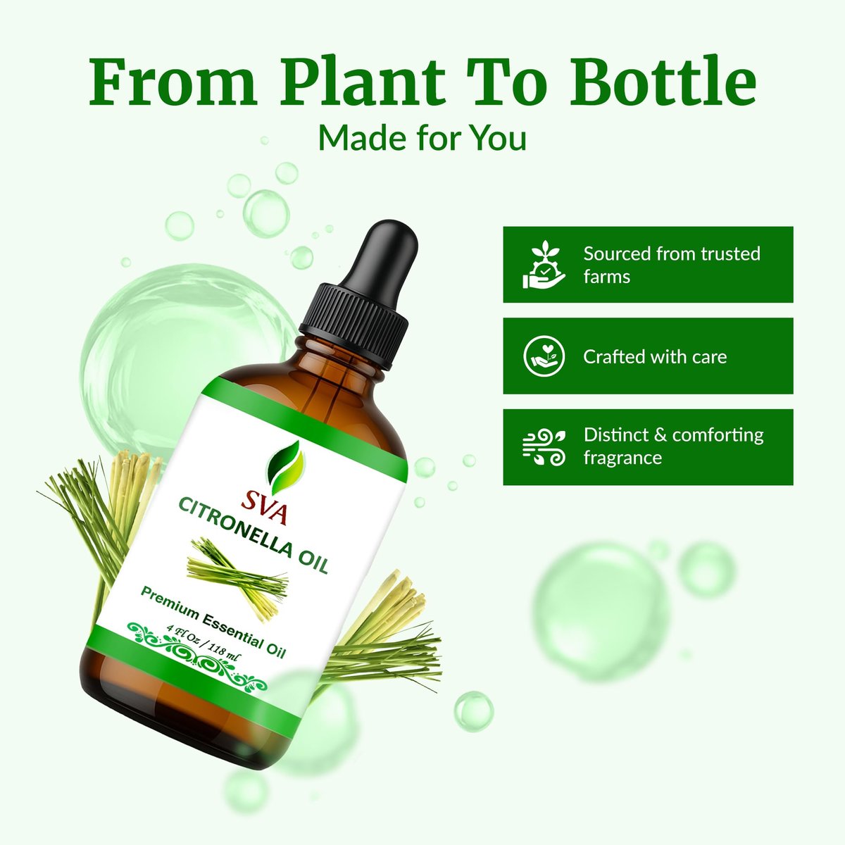 SVA Citronella Bio-Öl – 118 ml – 100% natürliches Citronellaöl – für Diffuser, Haarpflege, Gesicht, Hautpflege, Aromatherapie, Kopfhaut- und Körpermassage, Seifen- und Kerzenherstellung – mit Pipette