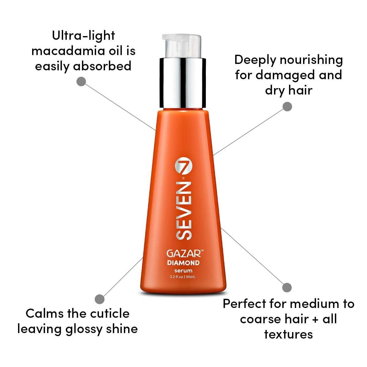 SEVEN Gazar Diamond Haar Serum für krauses und geschädigtes Haar, Anti-Frizz, Glättend, Glanzverstärker mit Kokos- & Macadamiaöl, Hitzeschutz, Hergestellt in USA, 96 ml