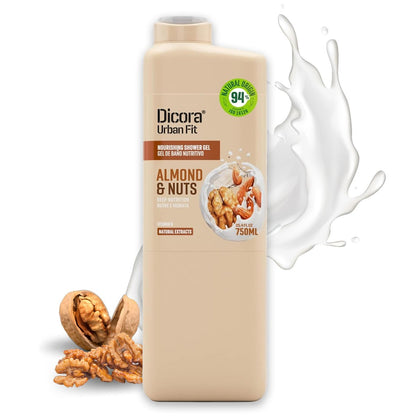 Dicora Urban Fit Nährendes Duschgel – Extrafürsorgende Körperwäsche für Frauen und Männer mit Vitamin B für Hautelastizität – Mandel- und Nussduft – 750 ml