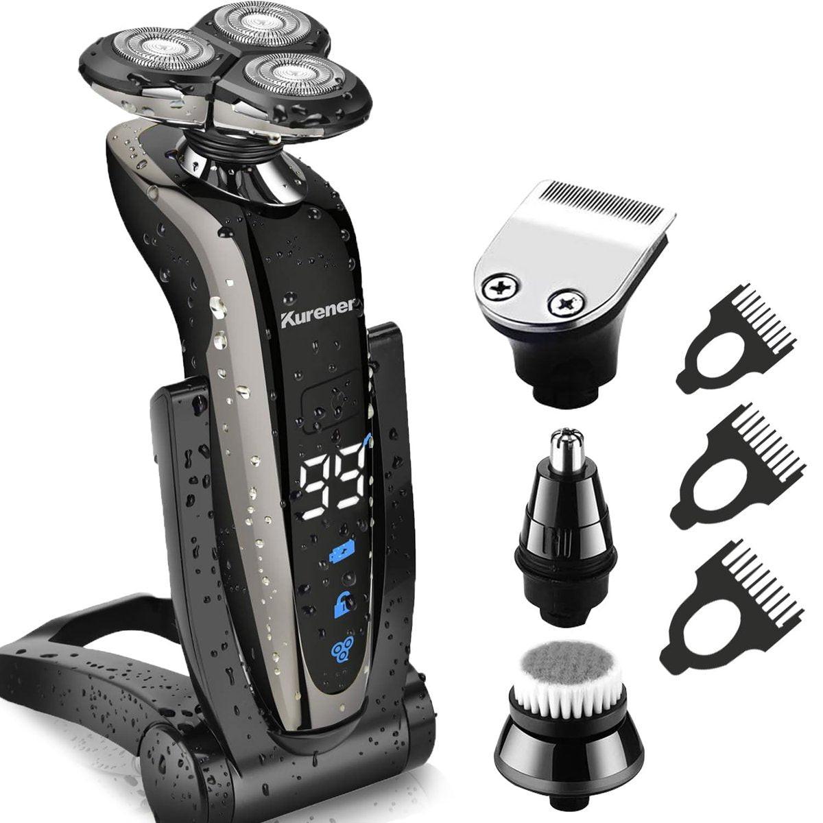 Kurener Elektrorasierer für Herren, wiederaufladbar, 100% wasserdicht, Rotationsrasierer mit Nasentrimmer, Kotelettentrimmer und Gesichtsreinigungsbürste