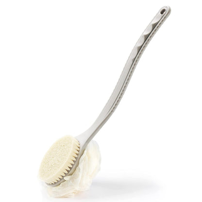 Duschkörperbürste mit Borsten und Luffa – Rückenpeeling-Schwamm mit gebogenem langem Griff für sanftes Peeling, für Männer und Frauen (Grau)