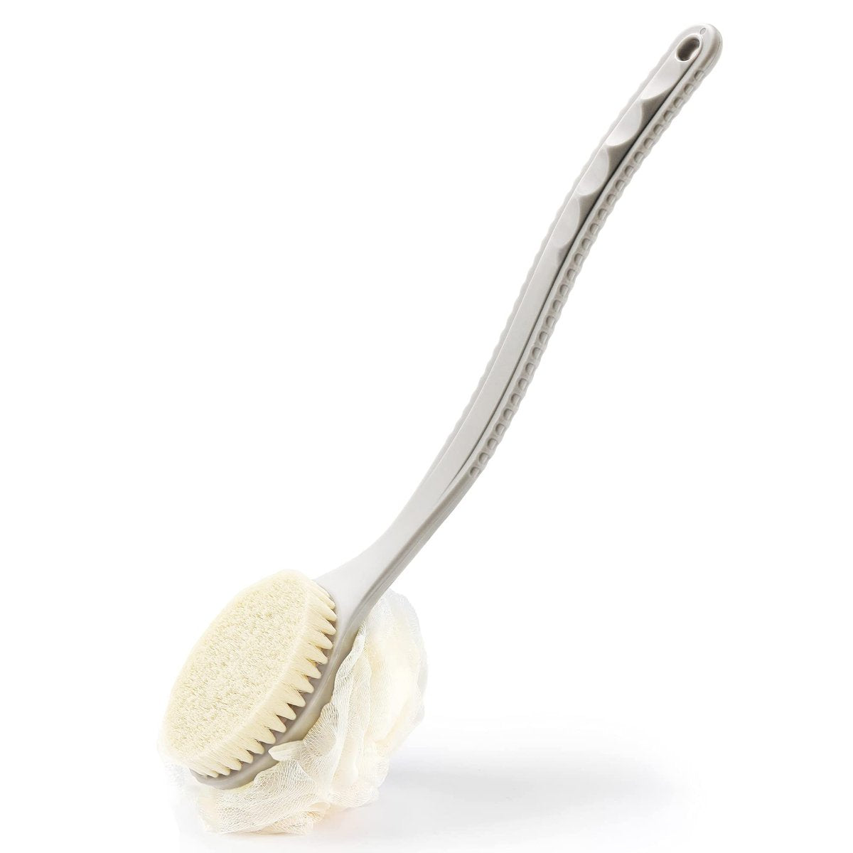 Duschkörperbürste mit Borsten und Luffa – Rückenpeeling-Schwamm mit gebogenem langem Griff für sanftes Peeling, für Männer und Frauen (Grau)
